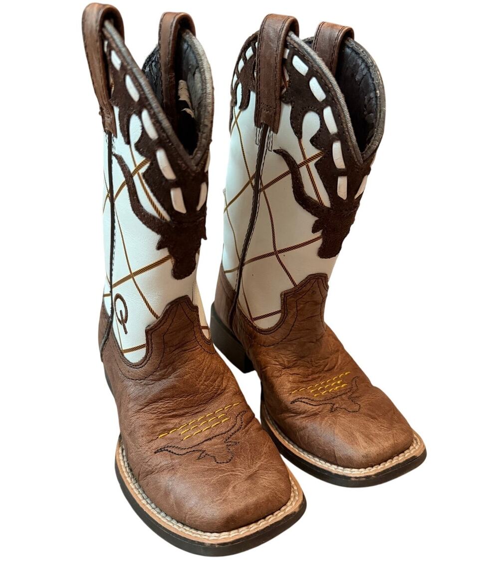 Ariat Youth Dakota Dogger Western Cowboy Boots Brown White Square Toe Size 10.5